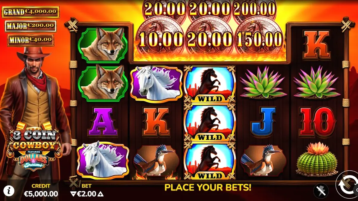 Interface do slot 3 Coin Cowboy Dollars & Dreams com elementos do Velho Oeste