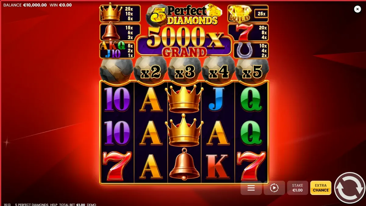 Interface do slot 5 Perfect Diamonds com símbolos clássicos e diamantes brilhantes