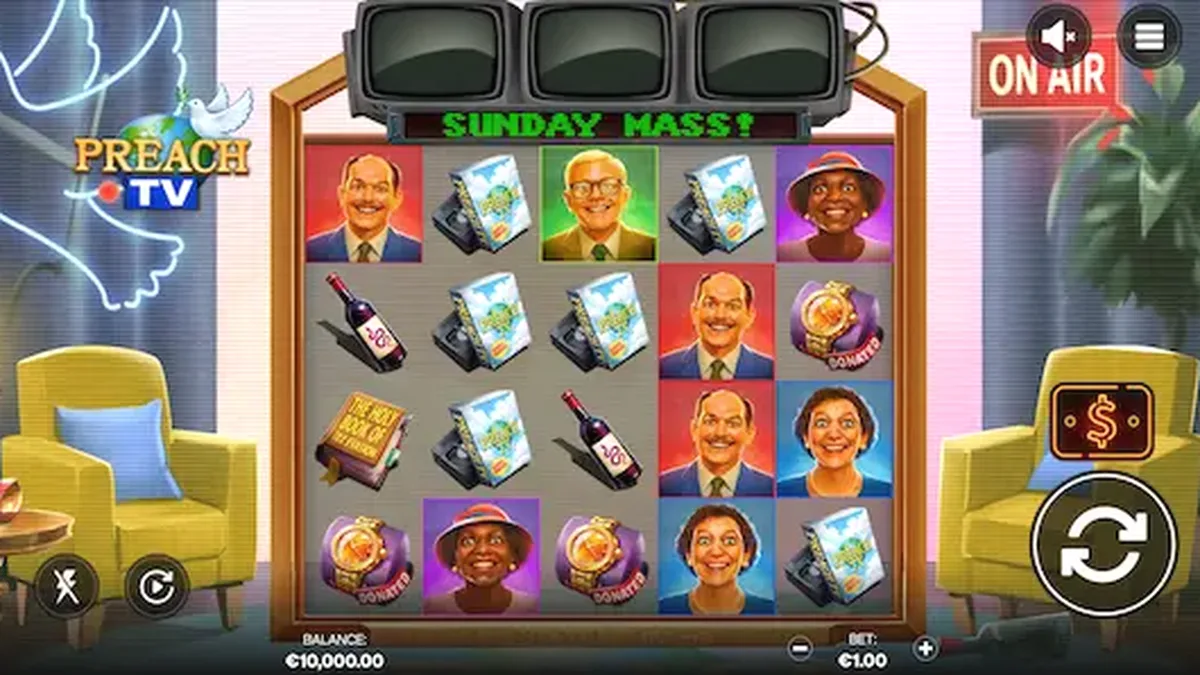 Captura de tela do jogo de slot Preach TV, mostrando o televangelista carismático e a grade de 5x4 rolos com símbolos temáticos e monitores de TV acima.