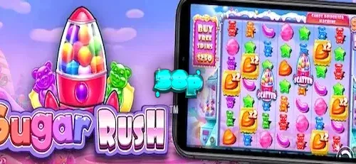 Interface colorida e vibrante do slot Sugar Rush com doces e grade 7x7